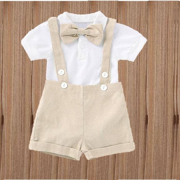 Beige Boy Easter First Birthday Outfit Clothes Suspenders Baptism Wild one - Picture 1 of 7